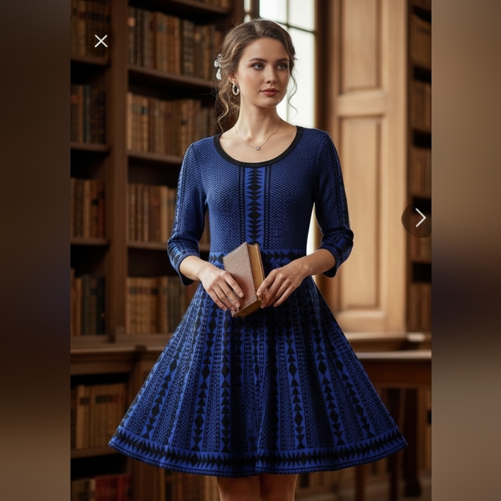 Nina Leonard Blue and Black Asymmetrical Dress